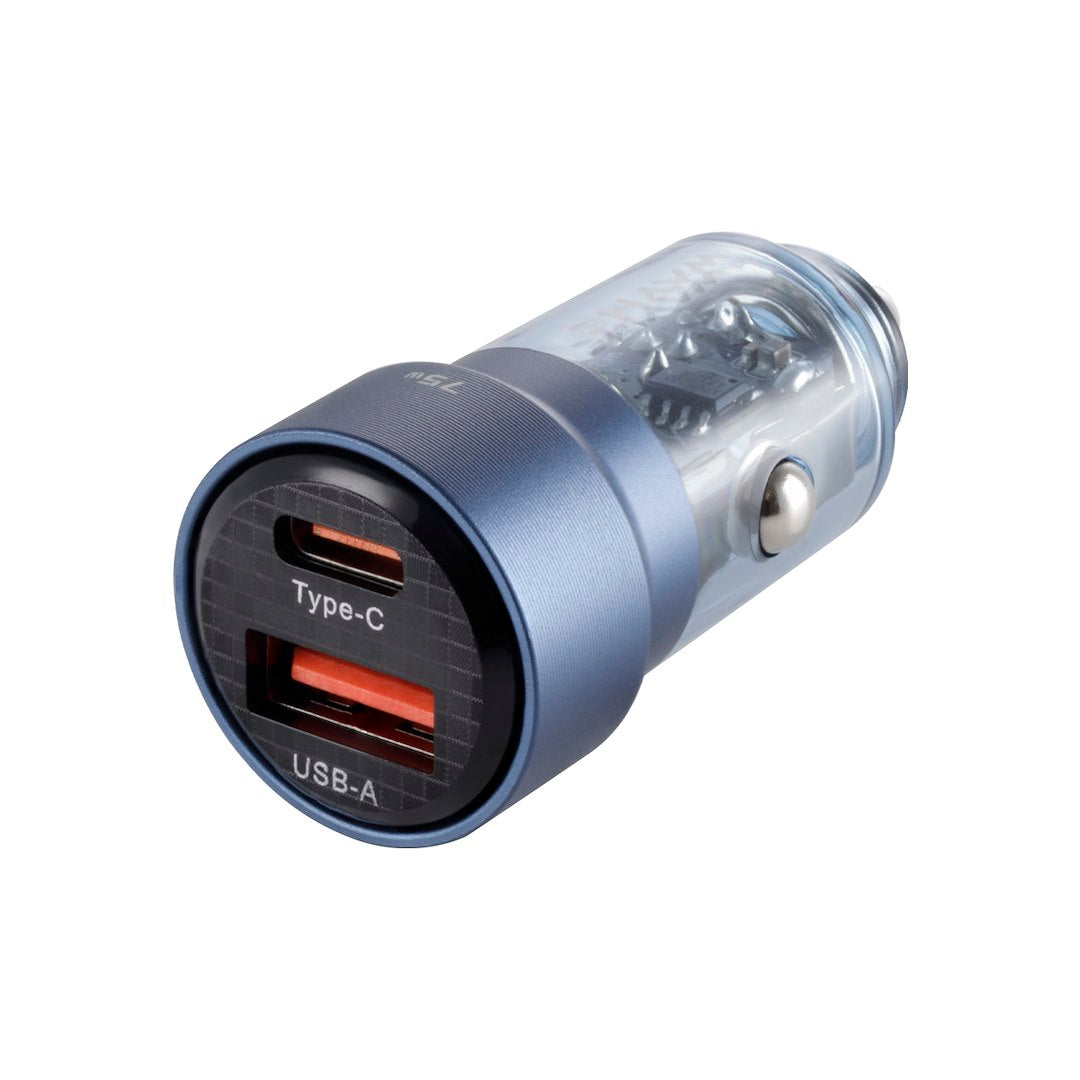 WAYME töltő 12/24V, USB 30W + USB-C PD 45W, átlátszó kék