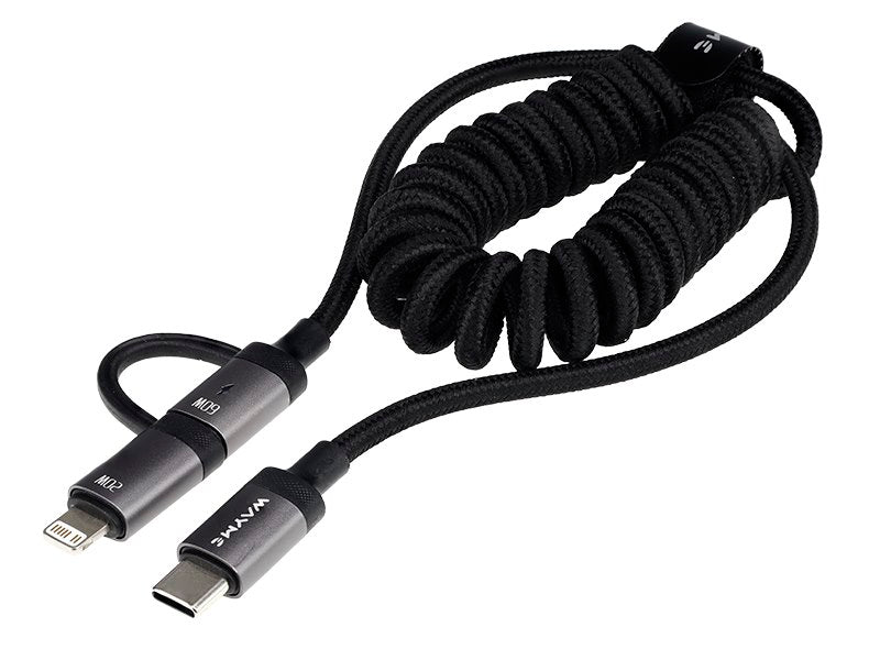 WAYME Mikroszálas fonott töltő és szinkronizáló kábel spirál 50 150 cm USB C > USB C Lightning max 60W – kép 2