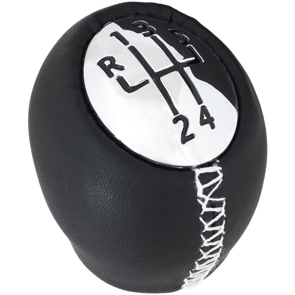 Fekete bőrözött, 5 sebességes Renault Fluence váltógomb króm számlappal, fehér varrással.