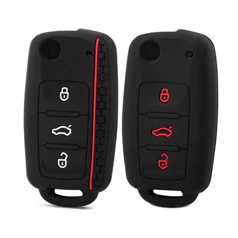 3 gombos Skoda bicskakulcs szilikon tokok fehér és piros mintával.