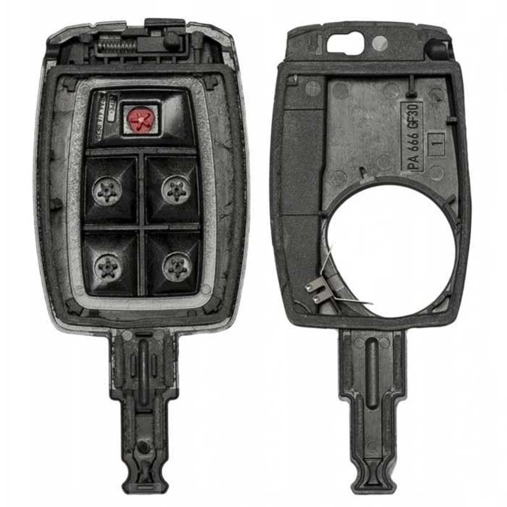 Fekete színű, 5 gombos Volvo kulcs, kulcsház szétszedve.