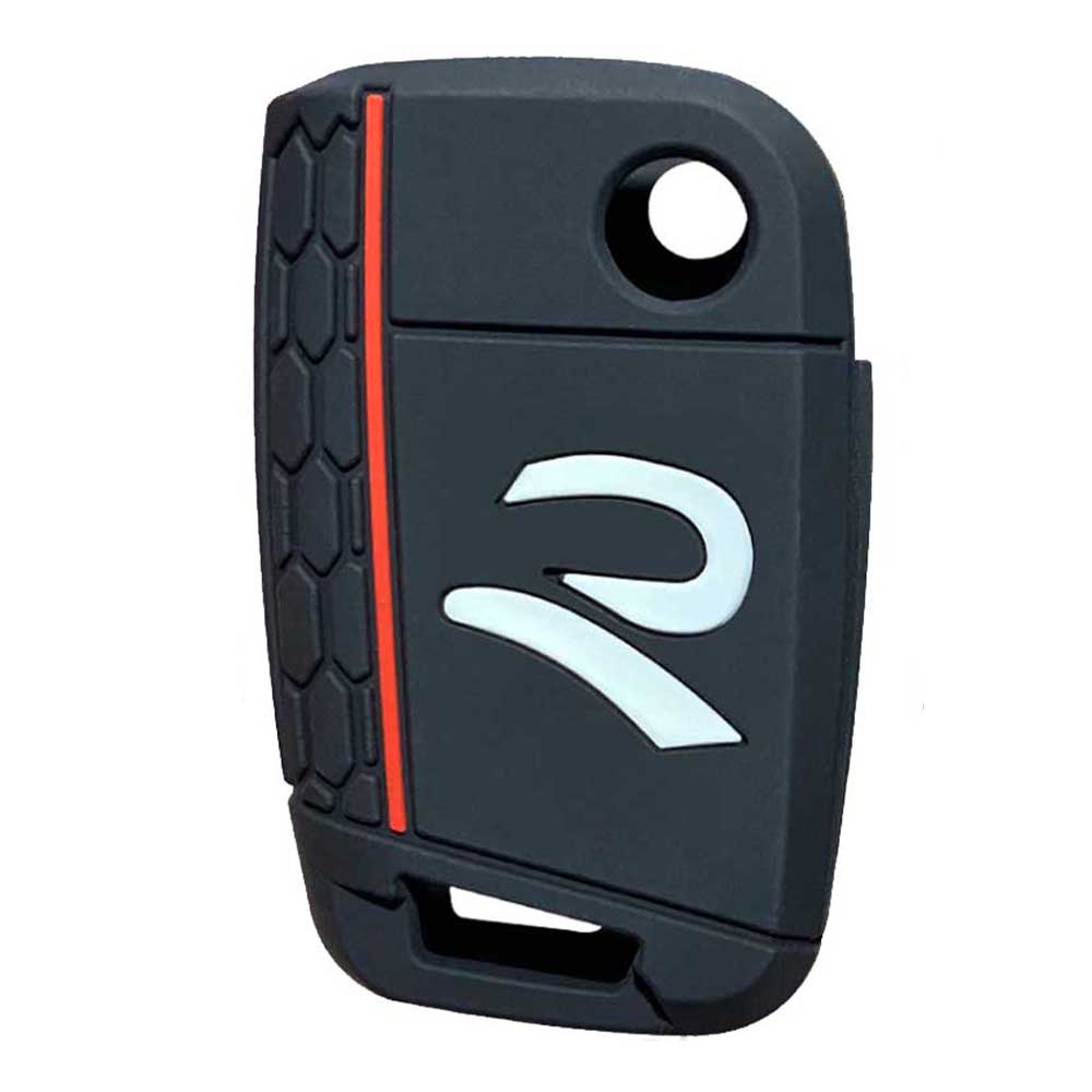 Fekete színű, 3 gombos VW bicskakulcs szilikon tok fehér mintával.