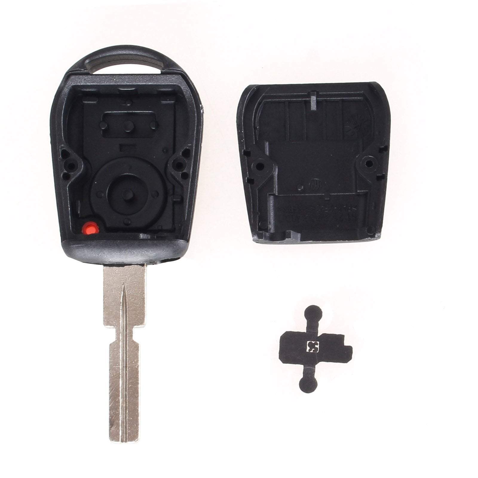 Fekete színű, 2 gombos BMW kulcs belseje. Nyers kulcsszárral.