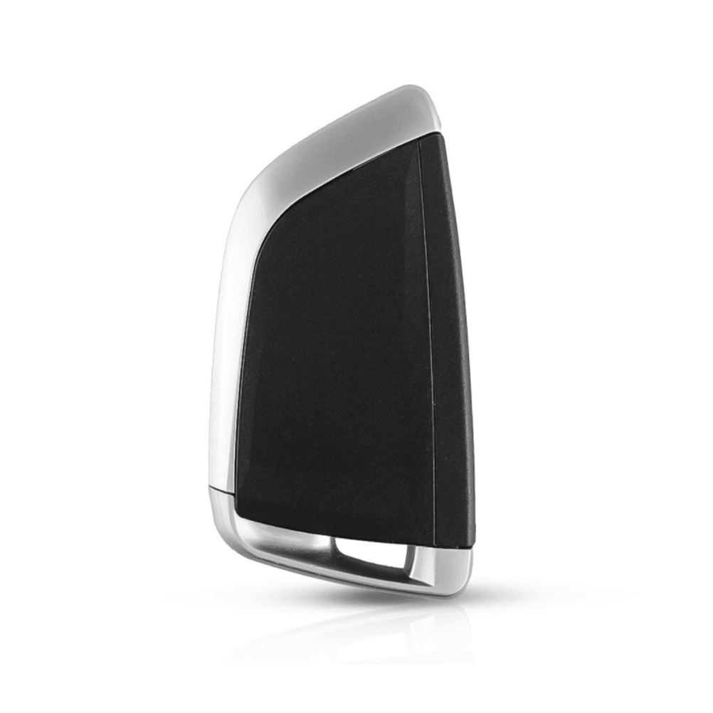 Ezüst és fekete színű, 4 gombos BMW kulcs, kulcsház hátulja