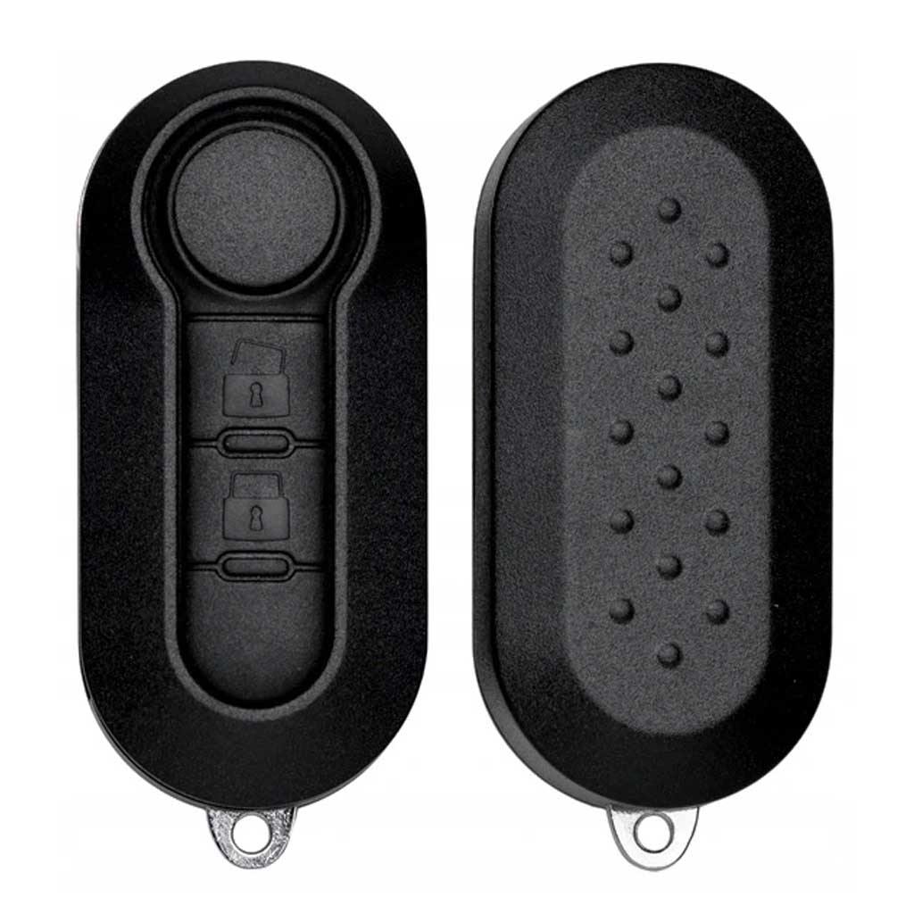 Fekete színű, 2 gombos Fiat bicskakulcs, kulcsház eleje és hátulja.