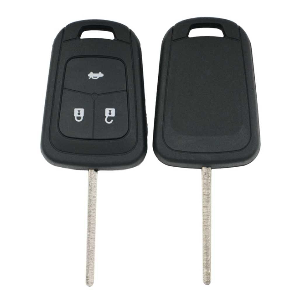 Fekete színű, 3 gombos Opel kulcs eleje és hátulja.