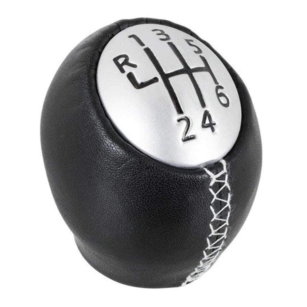 Fekete színű, bőrözött 6 sebességes Renault váltógomb. Ezüst színű számlappal, fehér varrással.