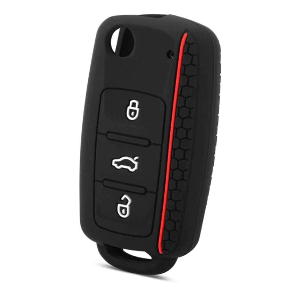 3 gombos Skoda bicskakulcs szilikon tok fehér és piros mintával.