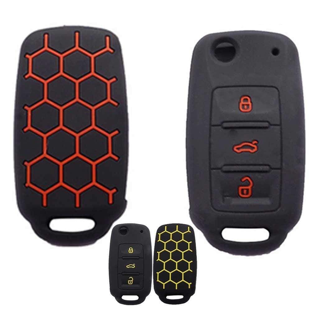 Fekete-piros és fekete-sárga színű, 3 gombos VW kulcs szilikon tokok.