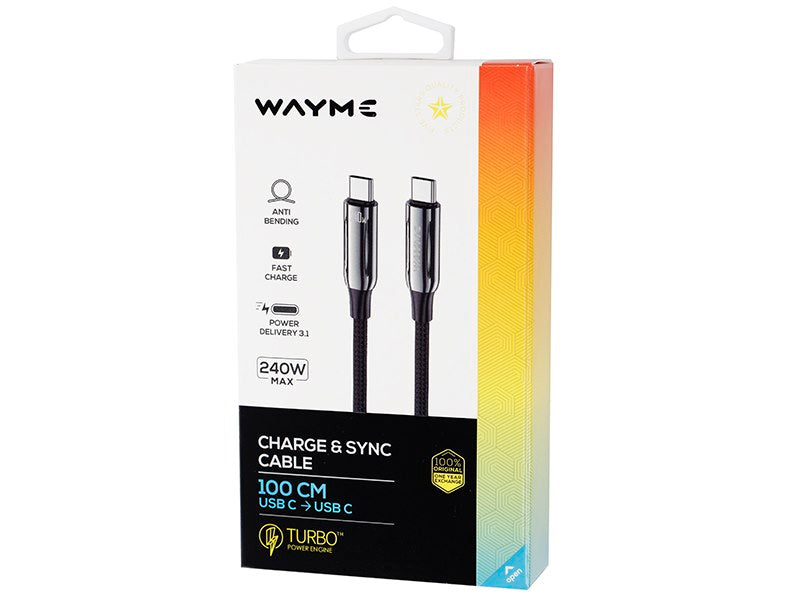 WAYME töltő  és szinkronizáló kábel fonott mikroszálas 100 cm USB C > USB C PD max 240W – kép 4