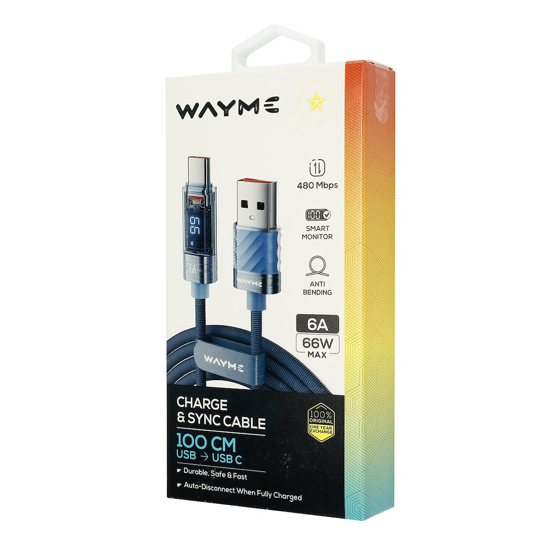 WAYME Mikroszálas fonott töltő  és szinkronizáló kábel 100cm USB > USB C Max 66W kijelzővel kék – kép 4