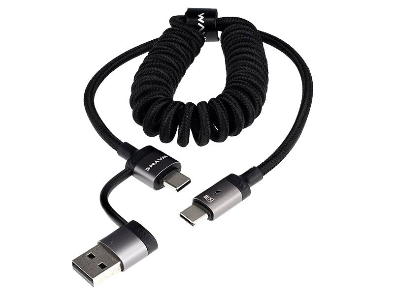 WAYME Mikroszálas fonott töltő- és szinkronizáló kábel, spirál, 50 - 150 cm, USB/C > USB-C, max 60W