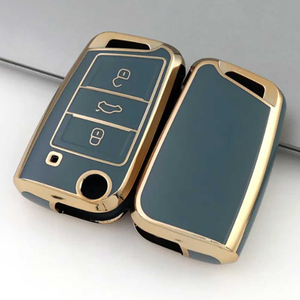 Skoda 3 gombos TPU kulcstok kék-arany színben