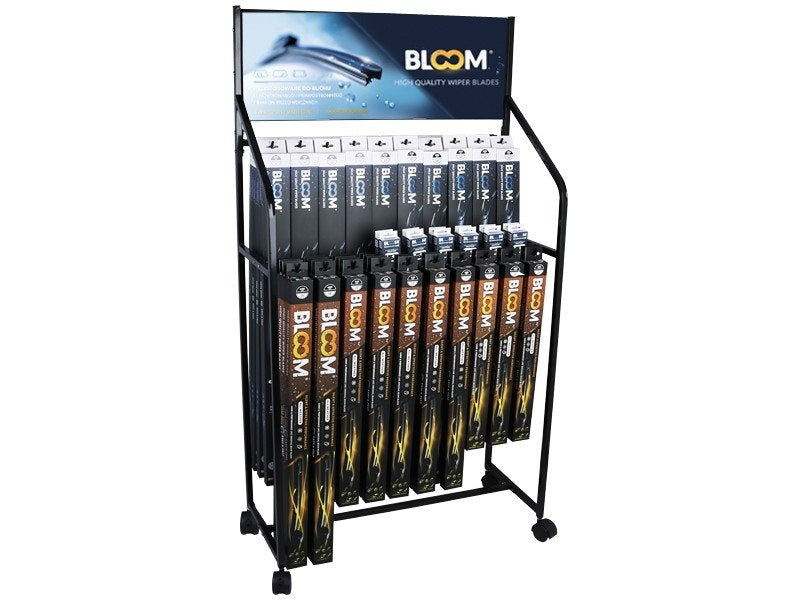 Lapos ablaktörlő lapátok készlete BLOOM U MIX U + Multifit 10 adapterrel, 90 db + Új adapterek + álló kijelző kerekekkel
