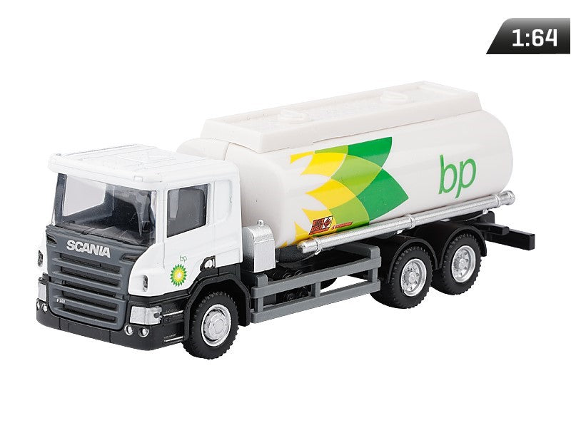 1:64-es modell, SCANIA P-Series, BP kéttengelyes tartálykocsi, fehér színben