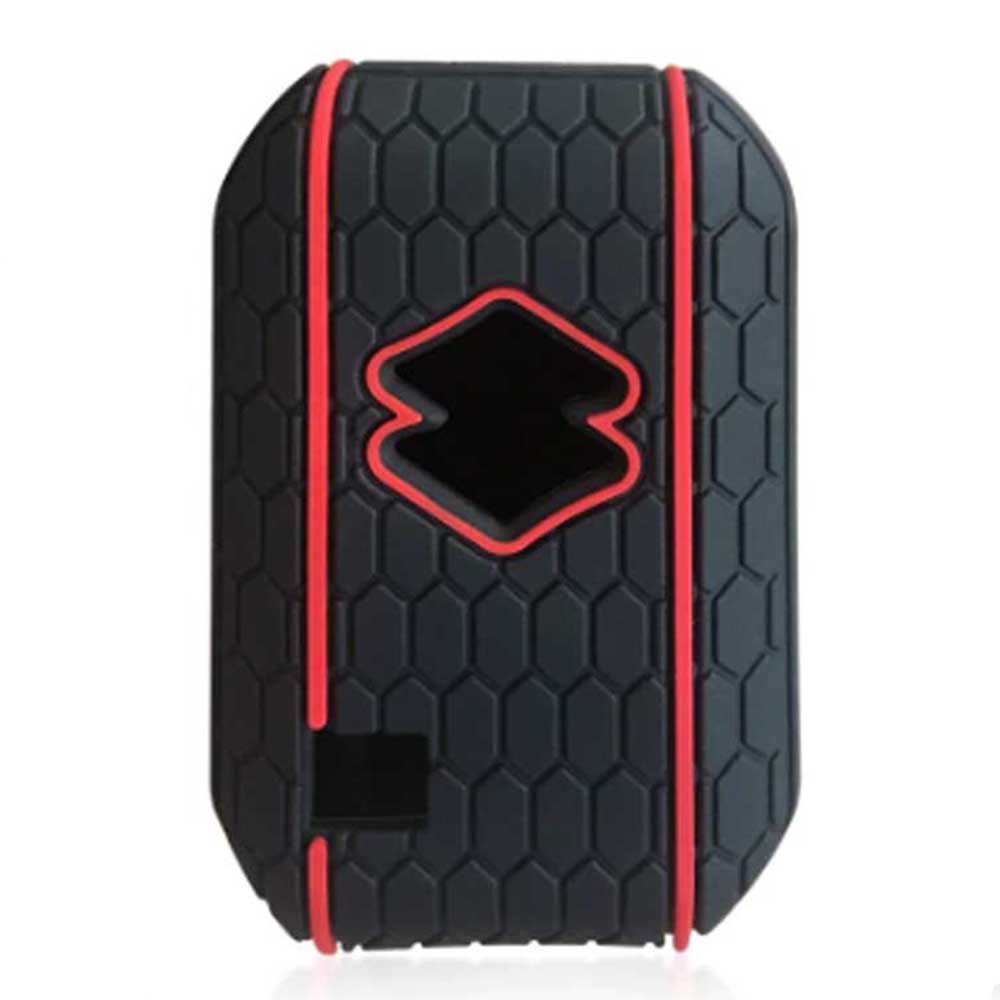 Fekete színű, 2 gombos Suzuki kulcs szilikon tok piros mintával.