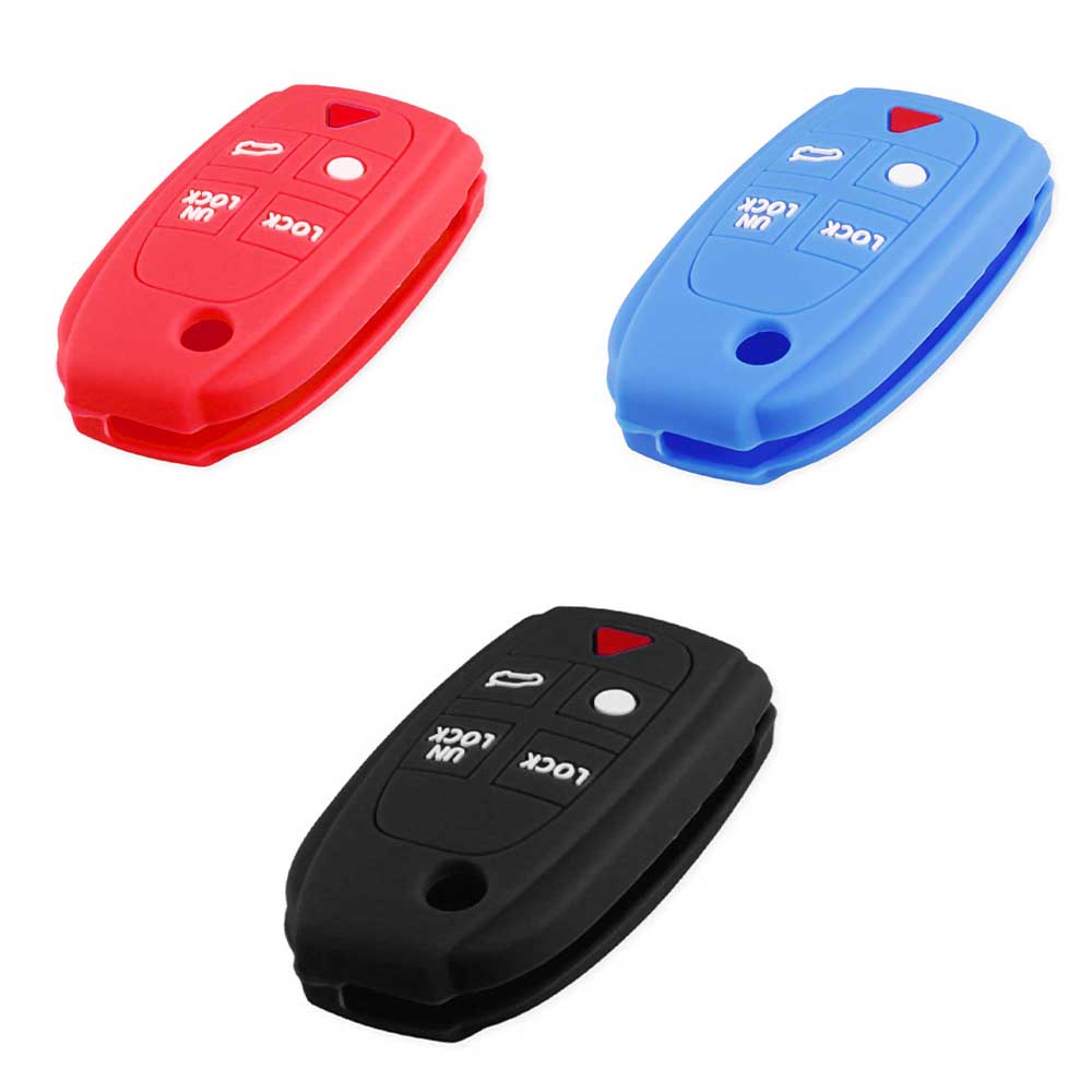 Piros, kék és fekete színű, 5 gombos Volvo bicskakulcs szilikon tok.