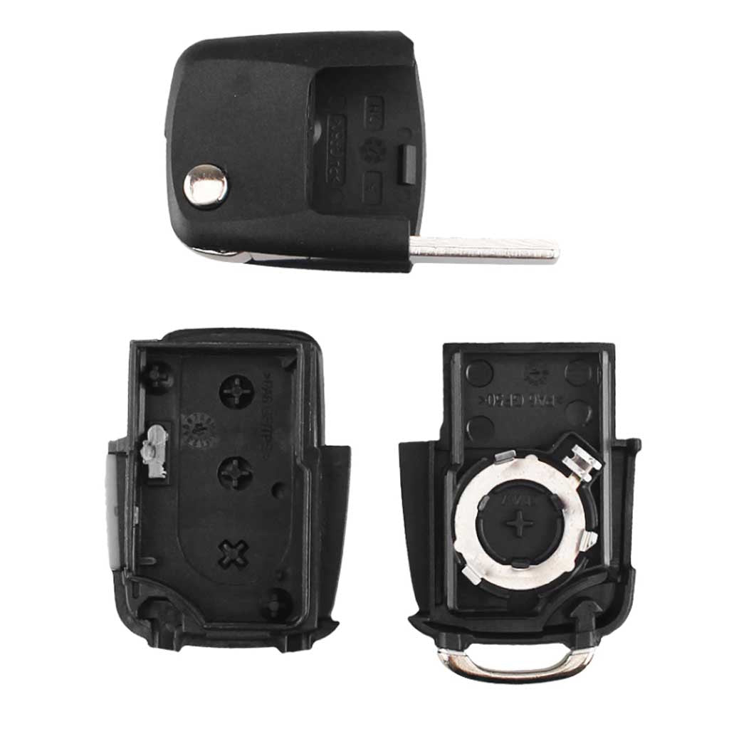 Fekete színű, 4 gombos Audi bicskakulcs, kulcsház szétszedve.