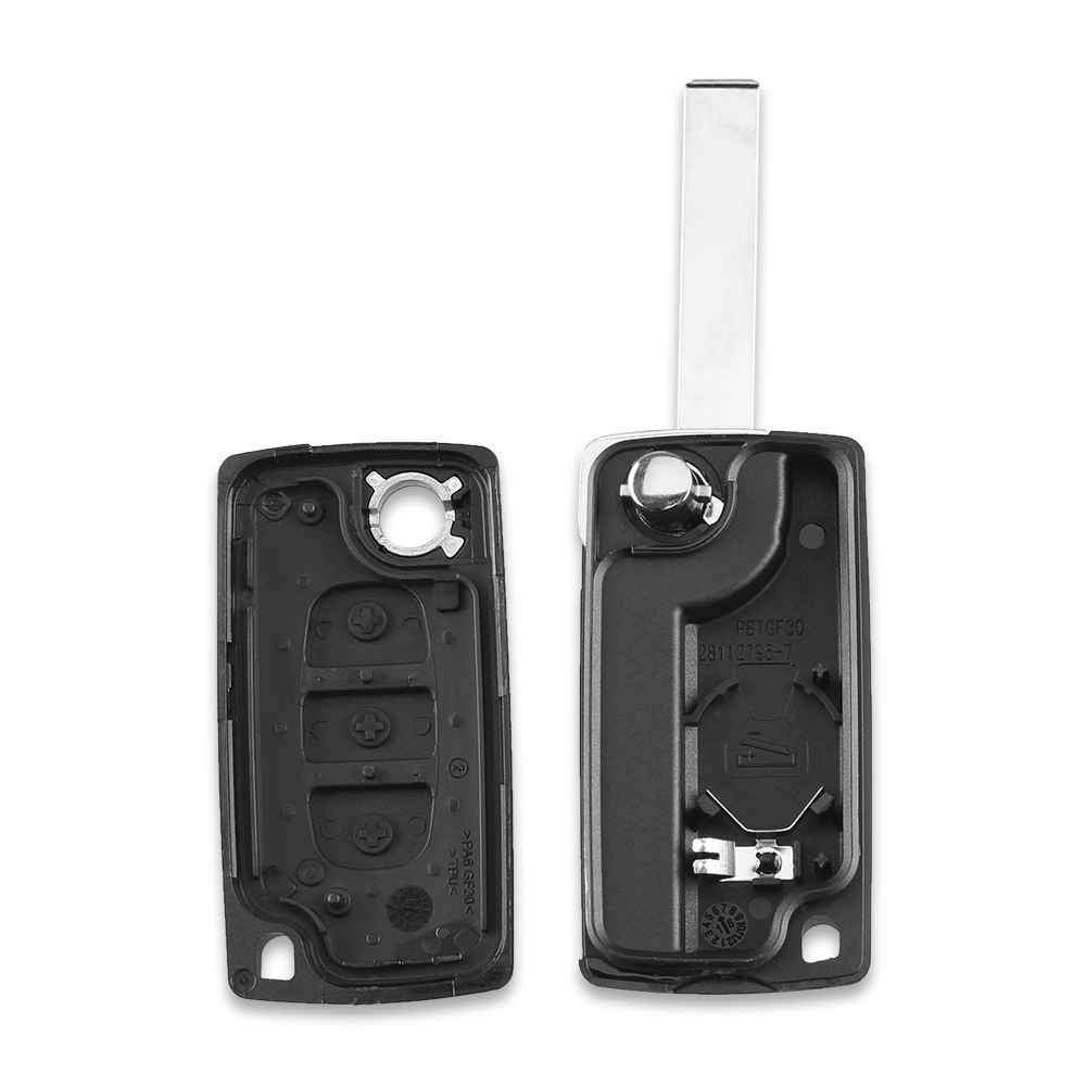 Fekete színű, 3 gombos Peugeot bicskakulcs, kulcsház szétszedve