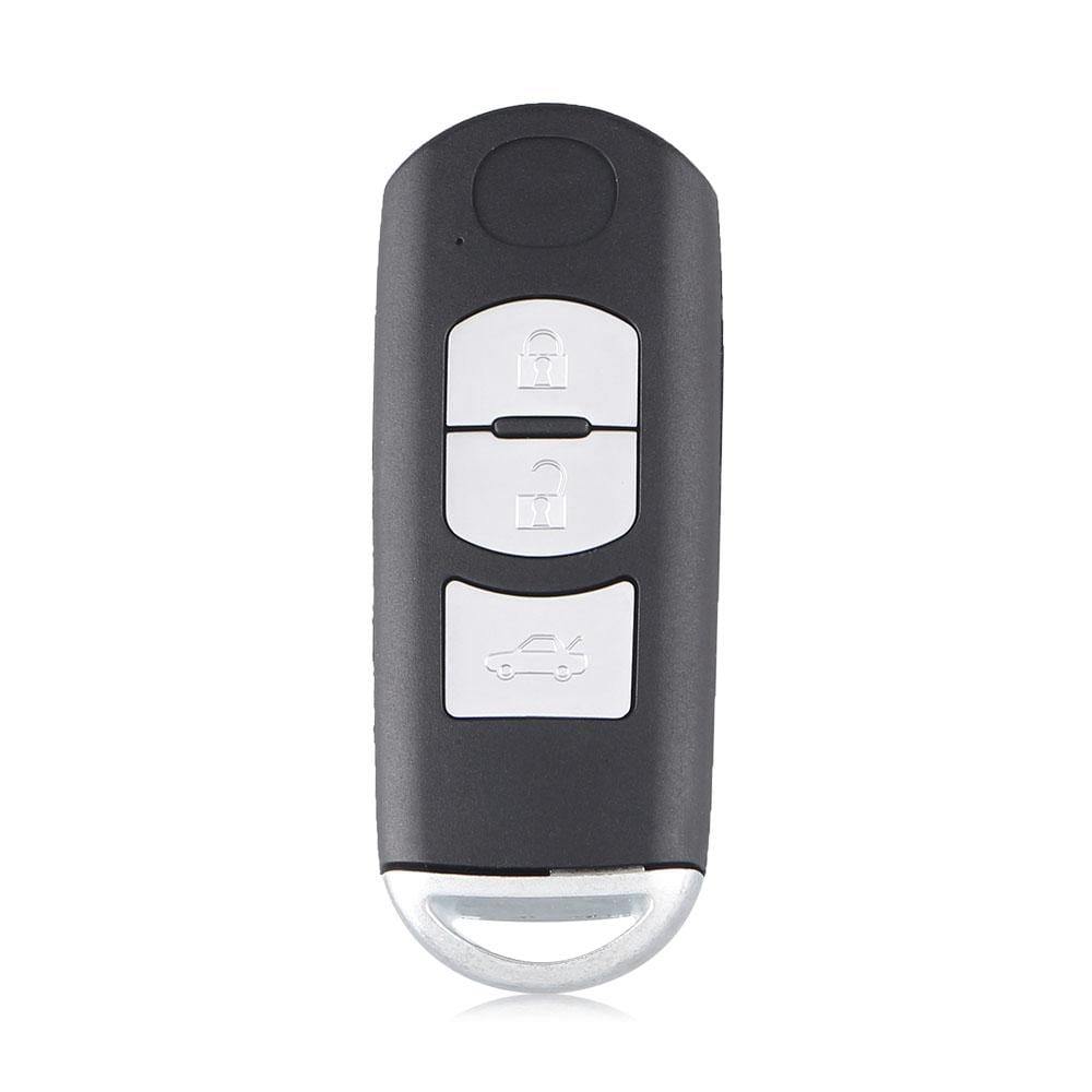 Fekete színű, 3 gombos Mazda kulcs, kulcsház ezüst színű gombokkal.