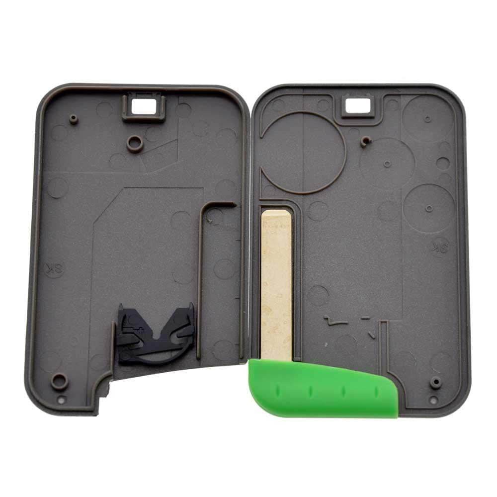 Szürke és zöld színű, 3 gombos Renault kulcsház, indítókulcs belseje.