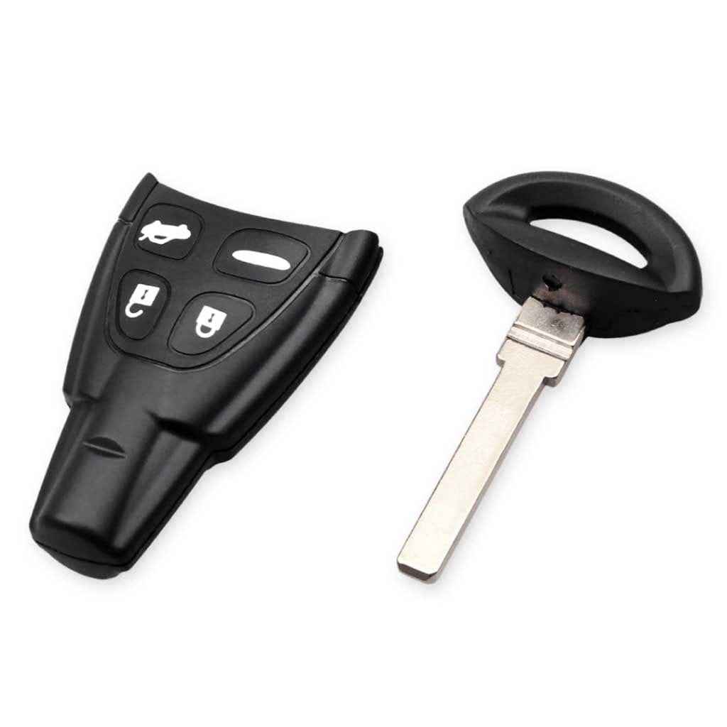 Fekete színű, 4 gombos Saab kulcsház. Fehér színű gombokkal, kulcsszárral.