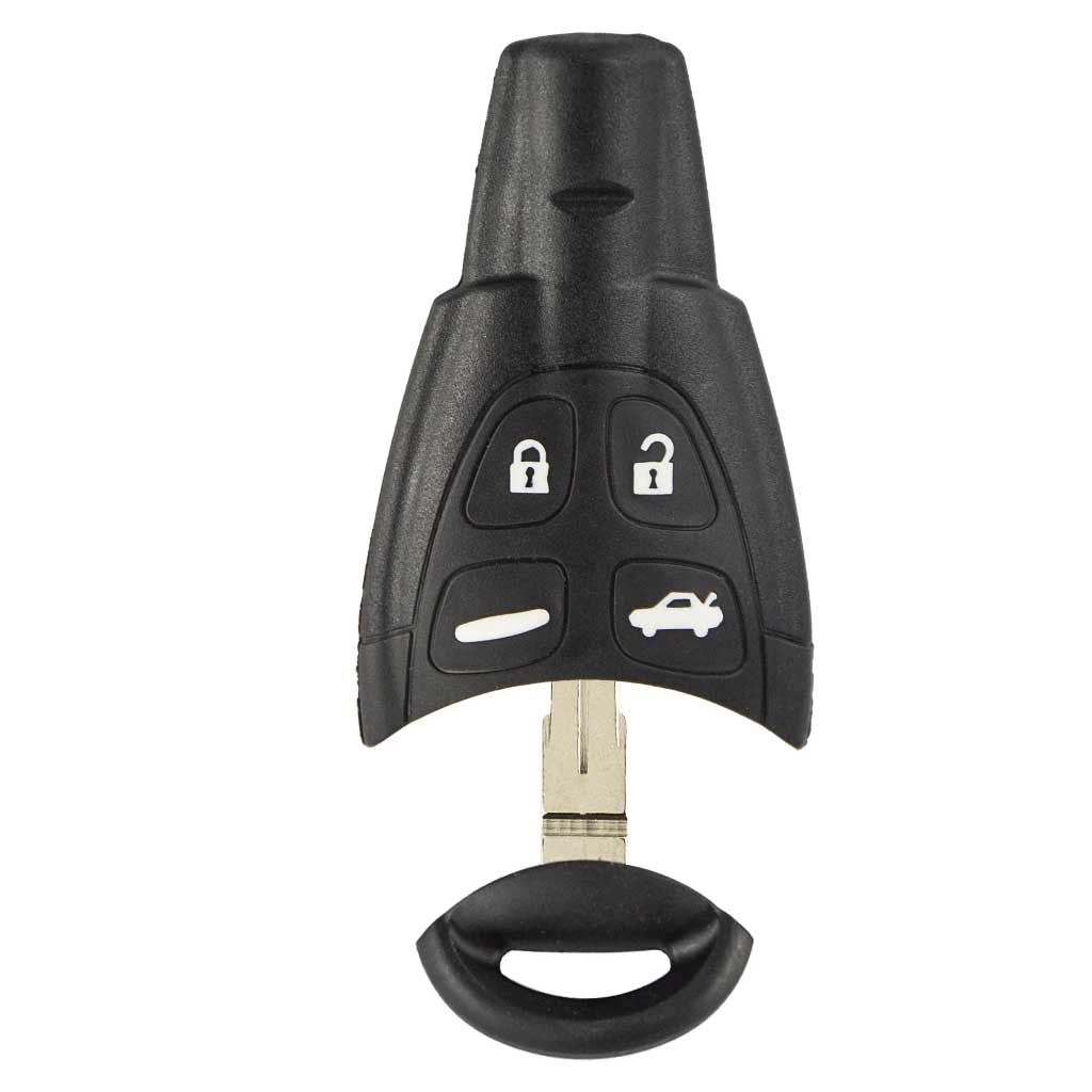 Fekete színű, 4 gombos Saab kulcsház. Fehér színű gombokkal, kulcsszárral.